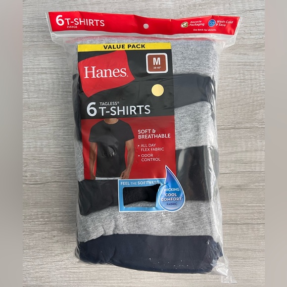 6 Pack - Hanes Men’s Tagless Black & Gray T-Shirts Size Medium - Picture 1 of 8